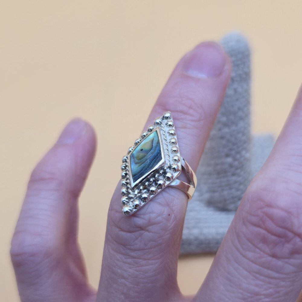 Size 5.25 Sterling Silver Diamond Shape Abalone Shell Band Ring A5197 - Picture 4 of 8